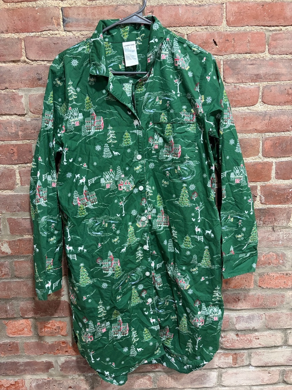 Lands' End Green Holiday Village women’s oversized button down Pajama Shirt